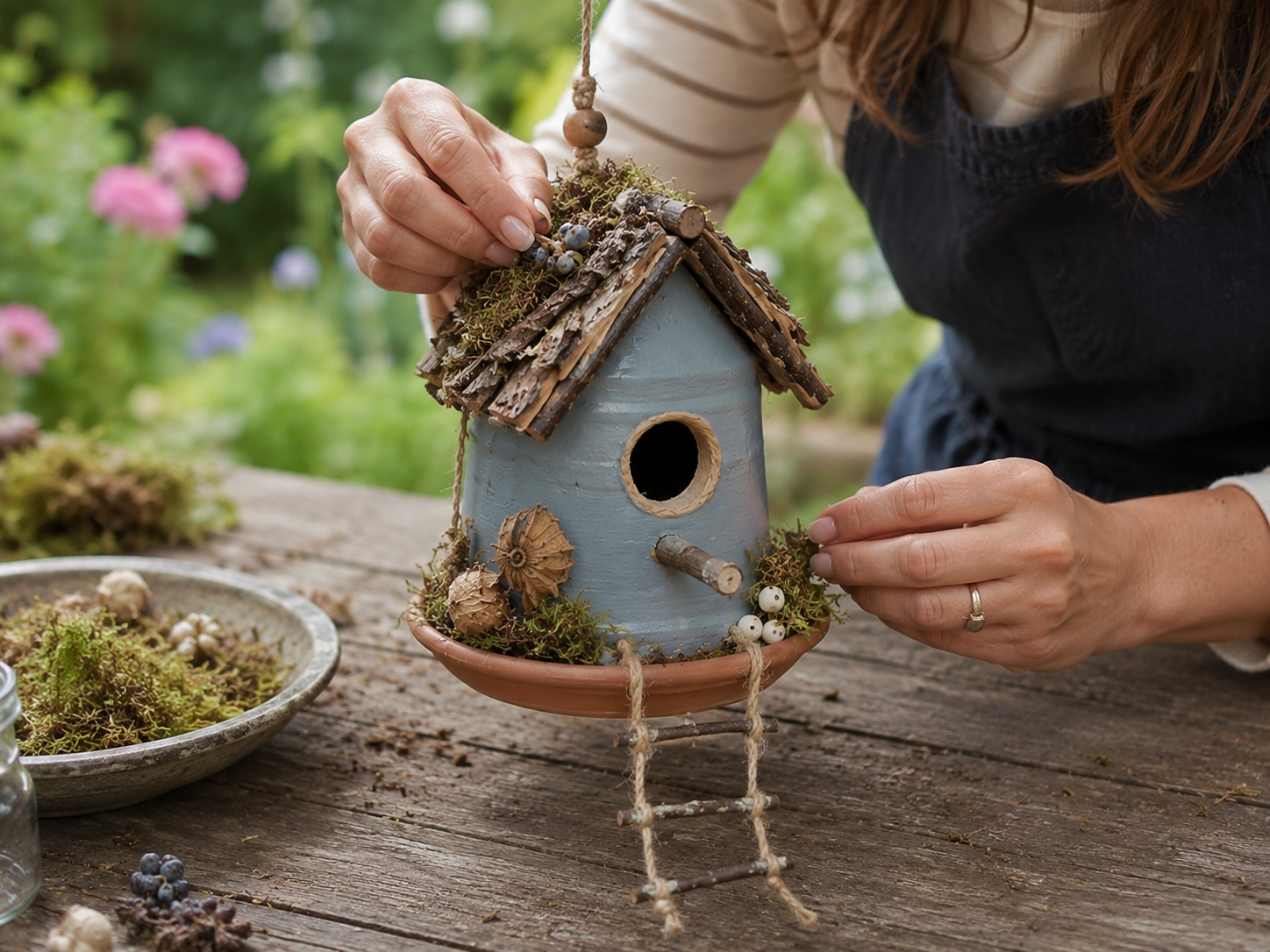 How to decorate & attach ladders - Rustic Garden Birdhouses from Upcycled Containers DIY tutorial