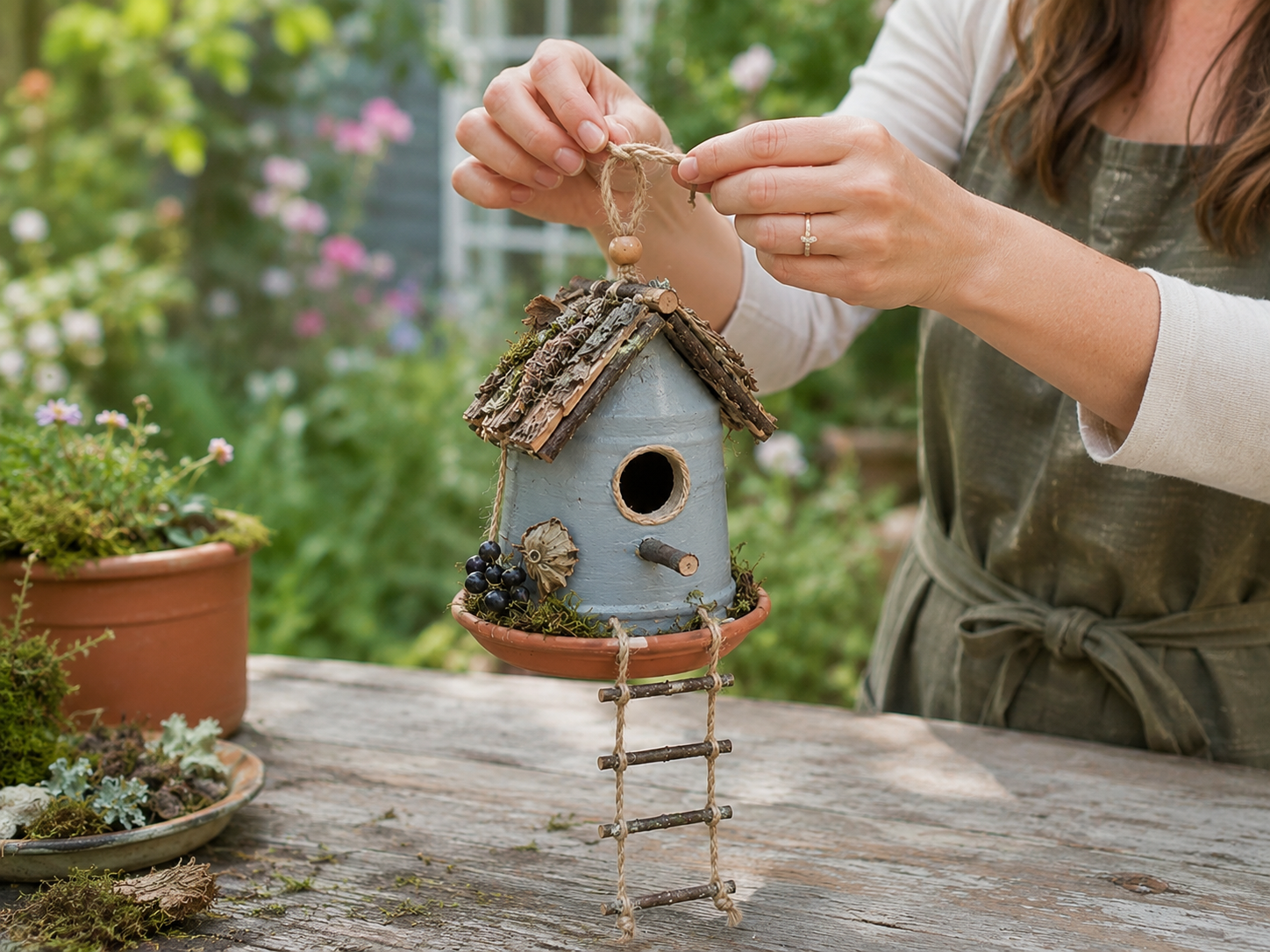 How to add hanging loops - Rustic Garden Birdhouses from Upcycled Containers DIY tutorial