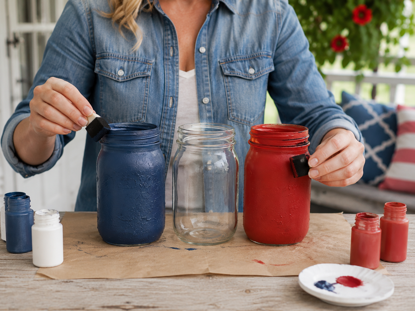 How to base paint patriotic jars - Rustic Patriotic Mason Jar Centerpiece for Memorial Day DIY tutorial