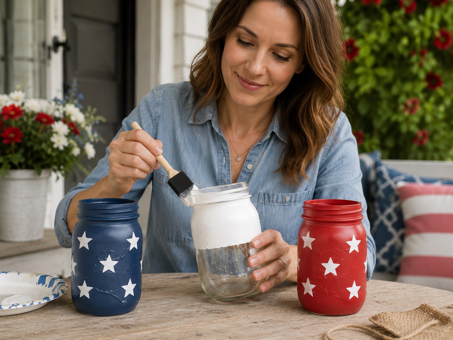 How to paint white two-tone jar - Rustic Patriotic Mason Jar Centerpiece for Memorial Day DIY tutorial