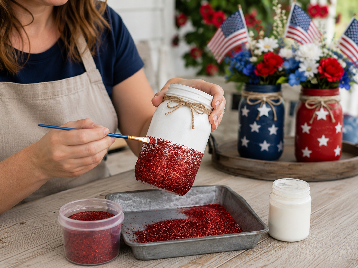 How to add glitter to middle jar - Rustic Patriotic Mason Jar Centerpiece for Memorial Day DIY tutorial