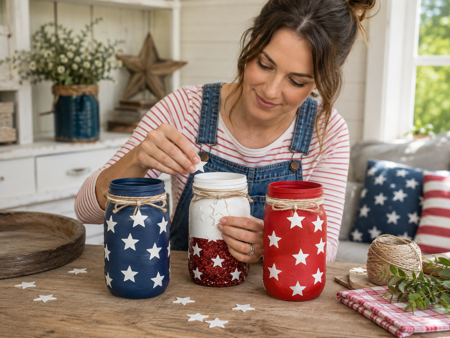 How to apply white star decorations - Rustic Patriotic Mason Jar Centerpiece for Memorial Day DIY tutorial
