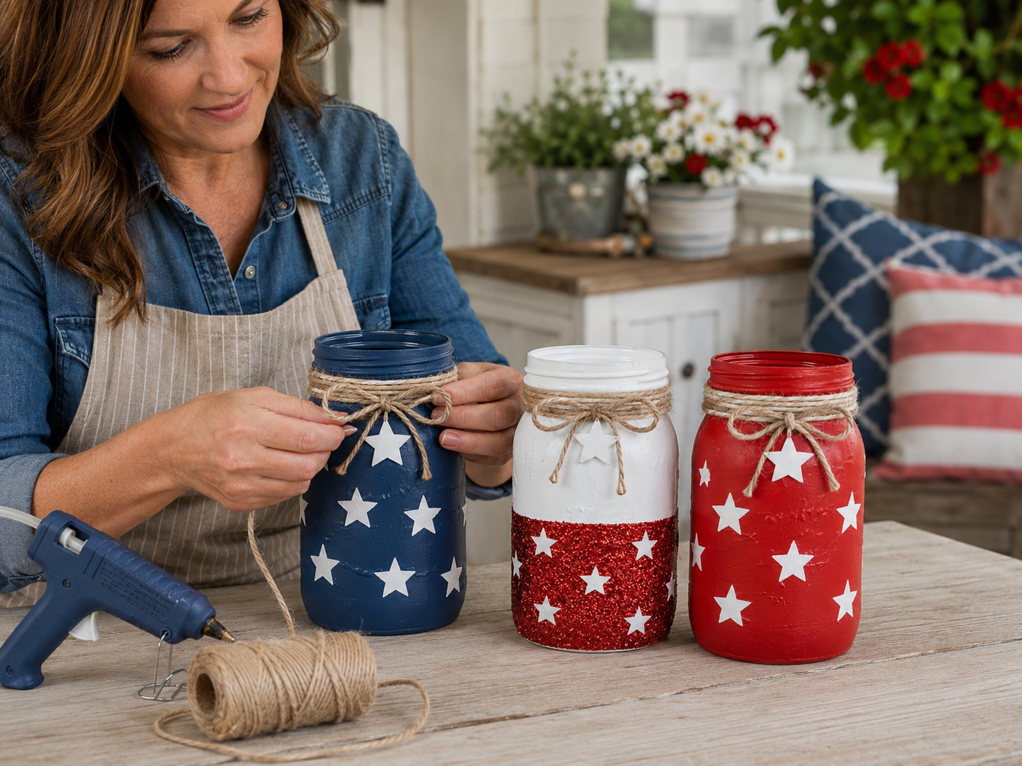 How to adorn with jute twine bows - Rustic Patriotic Mason Jar Centerpiece for Memorial Day DIY tutorial