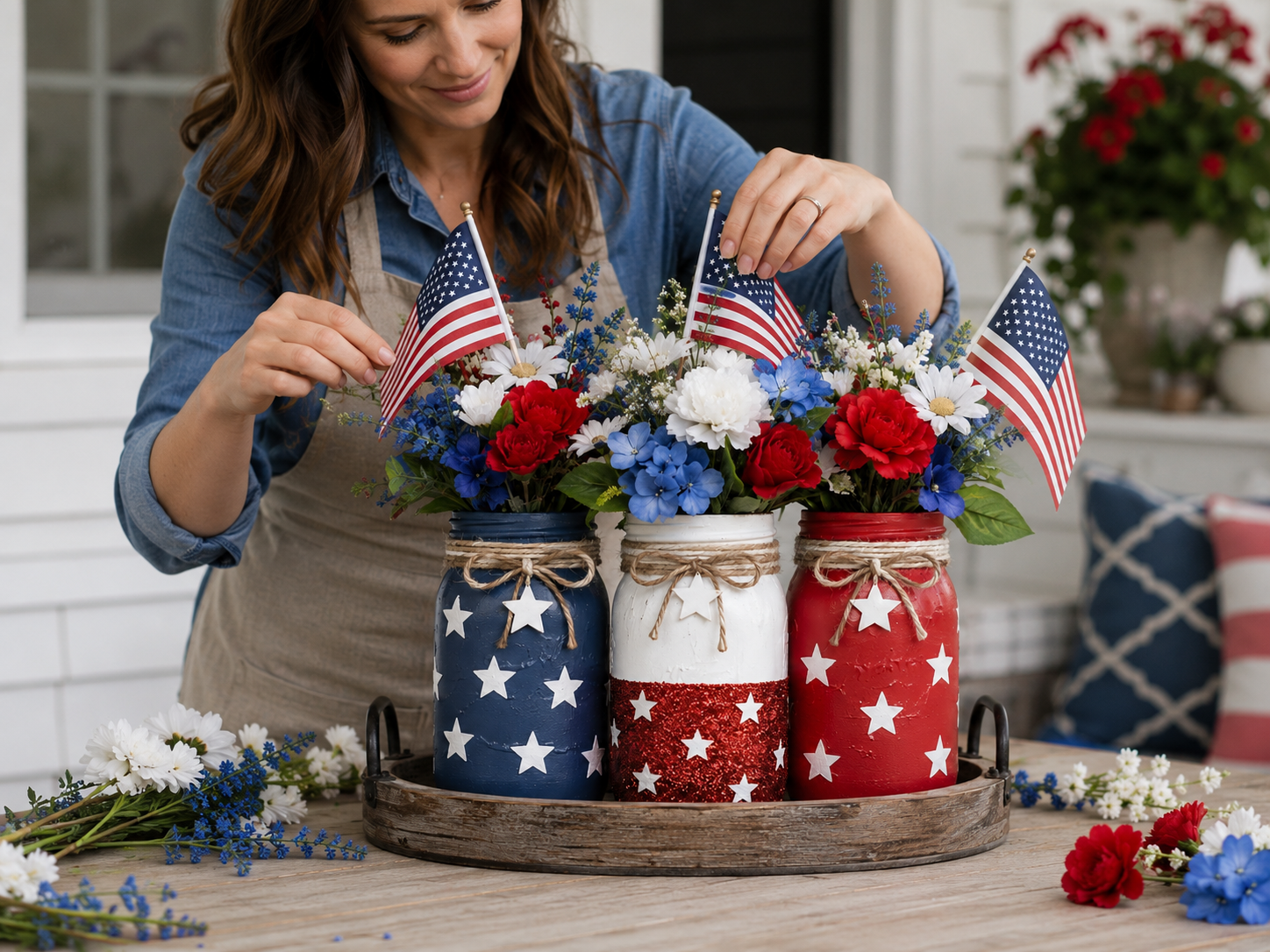 How to arrange patriotic florals & flags - Rustic Patriotic Mason Jar Centerpiece for Memorial Day DIY tutorial