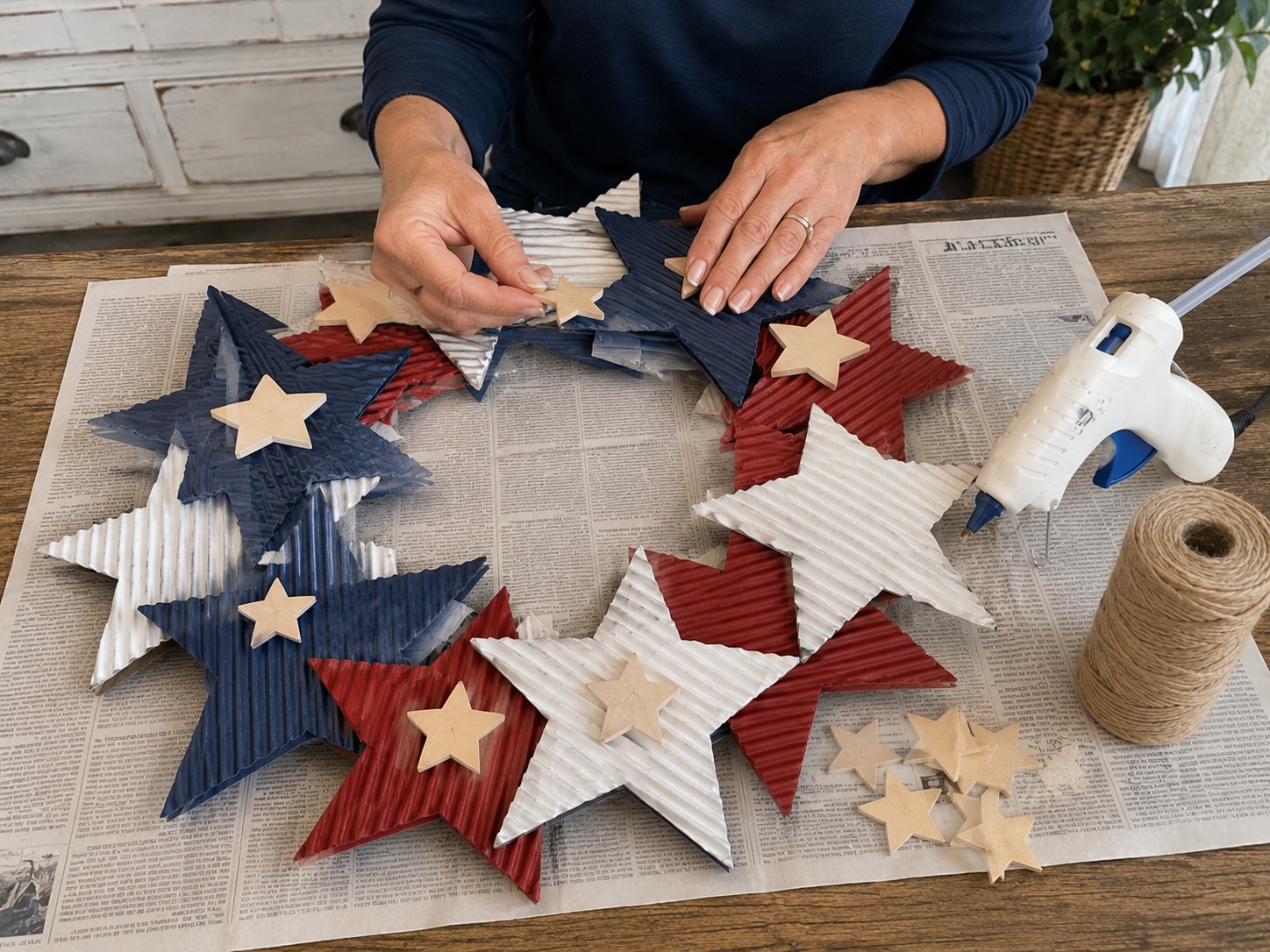 How to add wooden star accents - Rustic Patriotic Star Wreath: A Dollar Tree DIY DIY tutorial