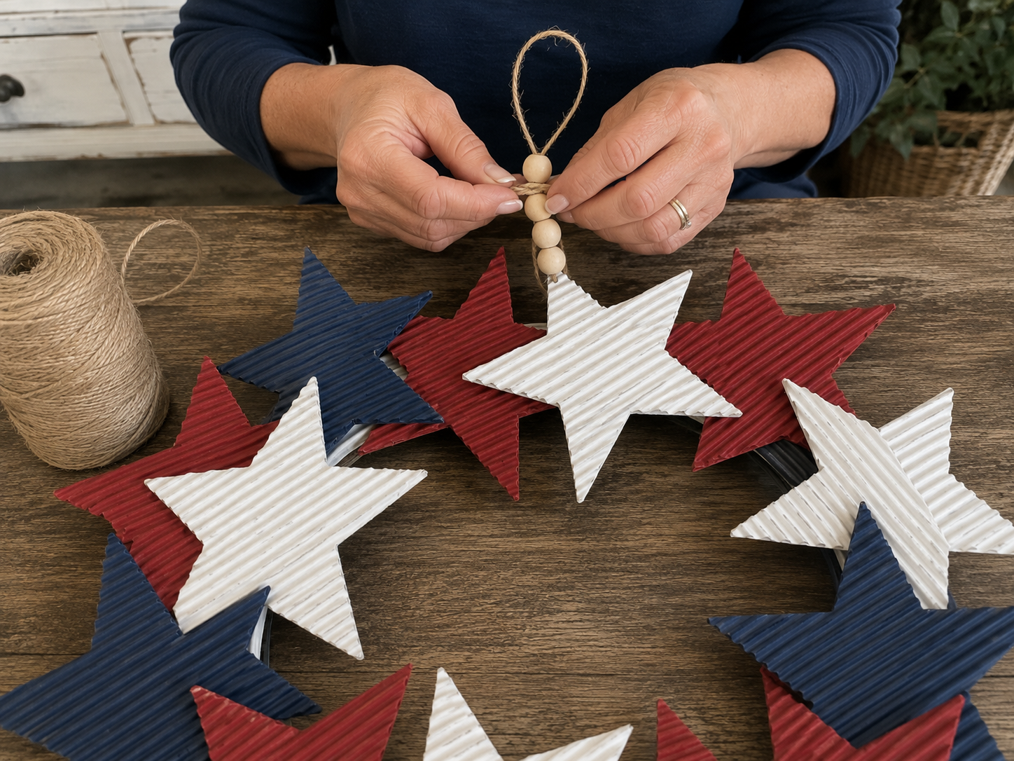 How to craft beaded jute hanger - Rustic Patriotic Star Wreath: A Dollar Tree DIY DIY tutorial
