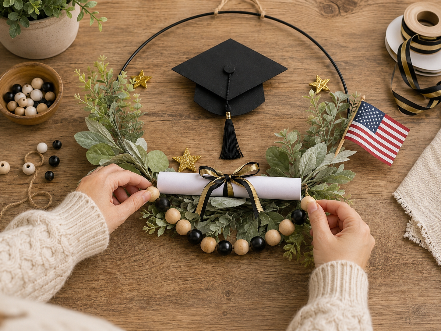 How to drape wooden bead garland - Simple & Elegant Graduation Hoop Wreath DIY tutorial
