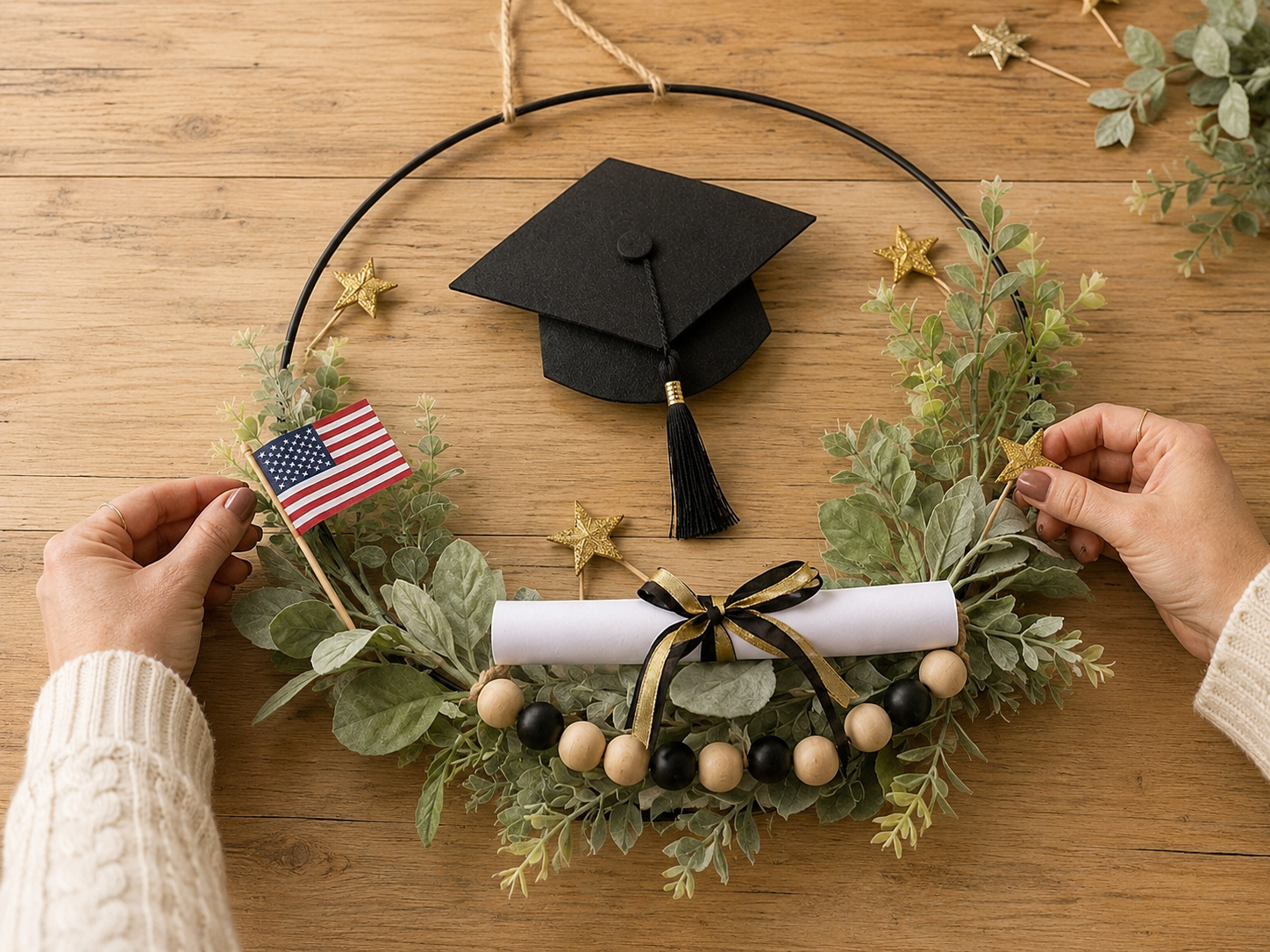 How to add festive embellishments - Simple & Elegant Graduation Hoop Wreath DIY tutorial