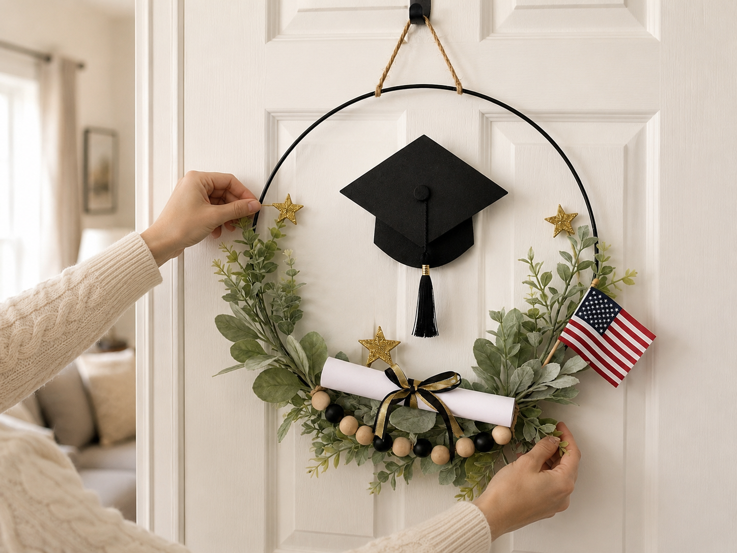 How to final adjustments & display - Simple & Elegant Graduation Hoop Wreath DIY tutorial