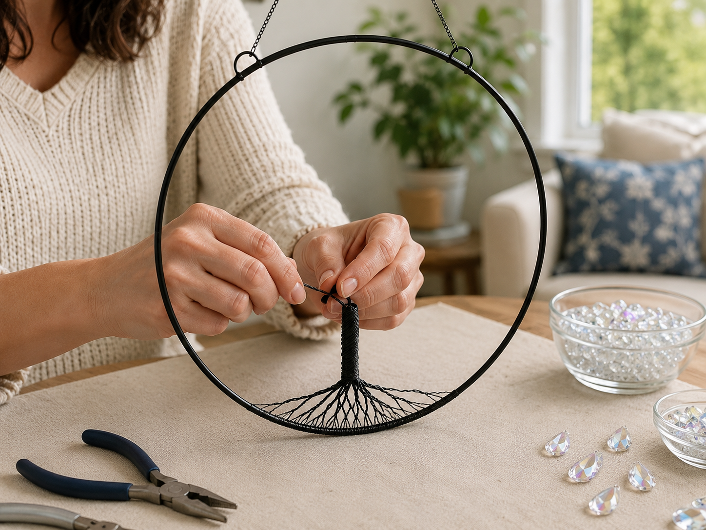 How to create the wire trunk base - Sparkling Dollar Tree Crystal Tree of Life Suncatcher DIY tutorial