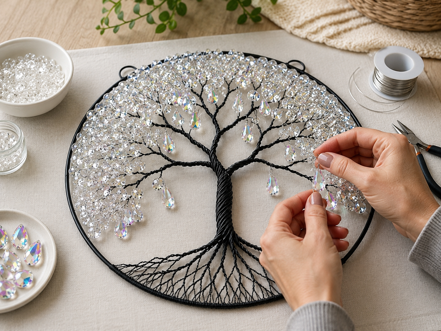 How to place suncatcher teardrop gems - Sparkling Dollar Tree Crystal Tree of Life Suncatcher DIY tutorial