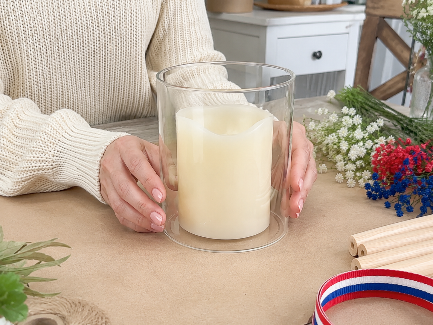How to prepare vase & candle - Staggered Glow: Dollar Tree Patriotic Candle Centerpiece DIY tutorial