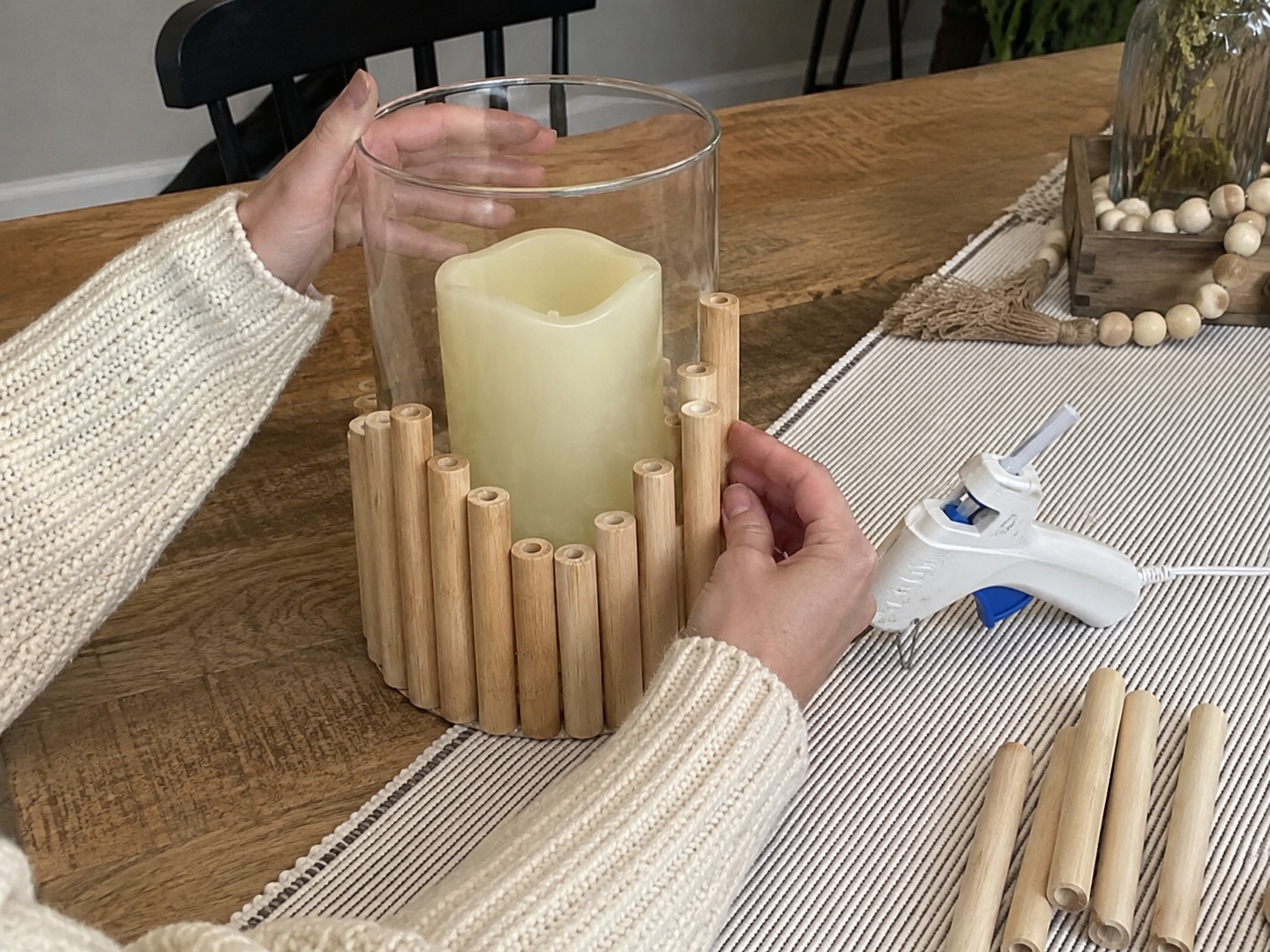 How to cut & glue wooden sticks - Staggered Glow: Dollar Tree Patriotic Candle Centerpiece DIY tutorial