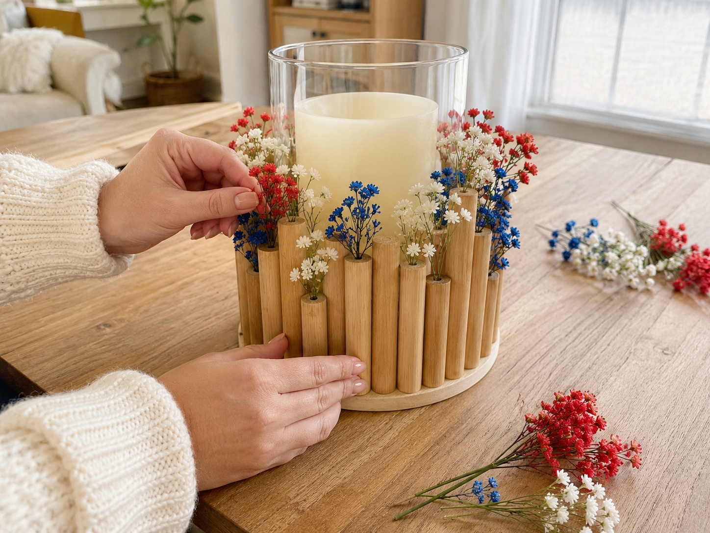 How to add patriotic faux flowers - Staggered Glow: Dollar Tree Patriotic Candle Centerpiece DIY tutorial