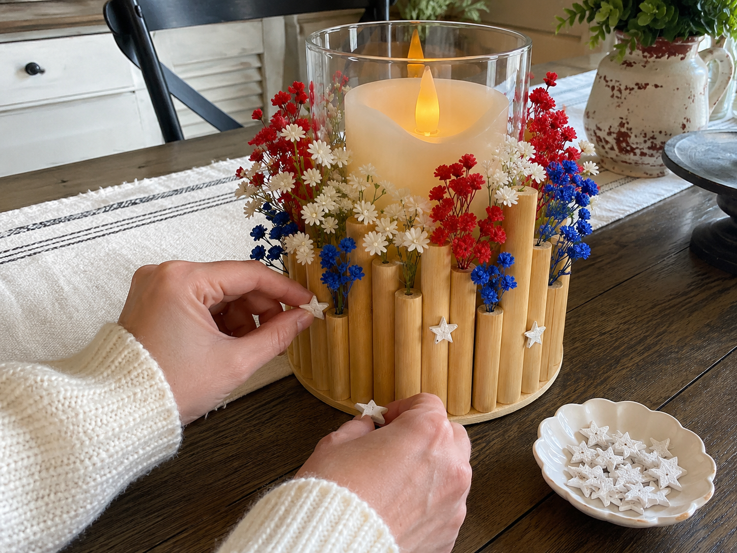 How to embellish with star accents - Staggered Glow: Dollar Tree Patriotic Candle Centerpiece DIY tutorial
