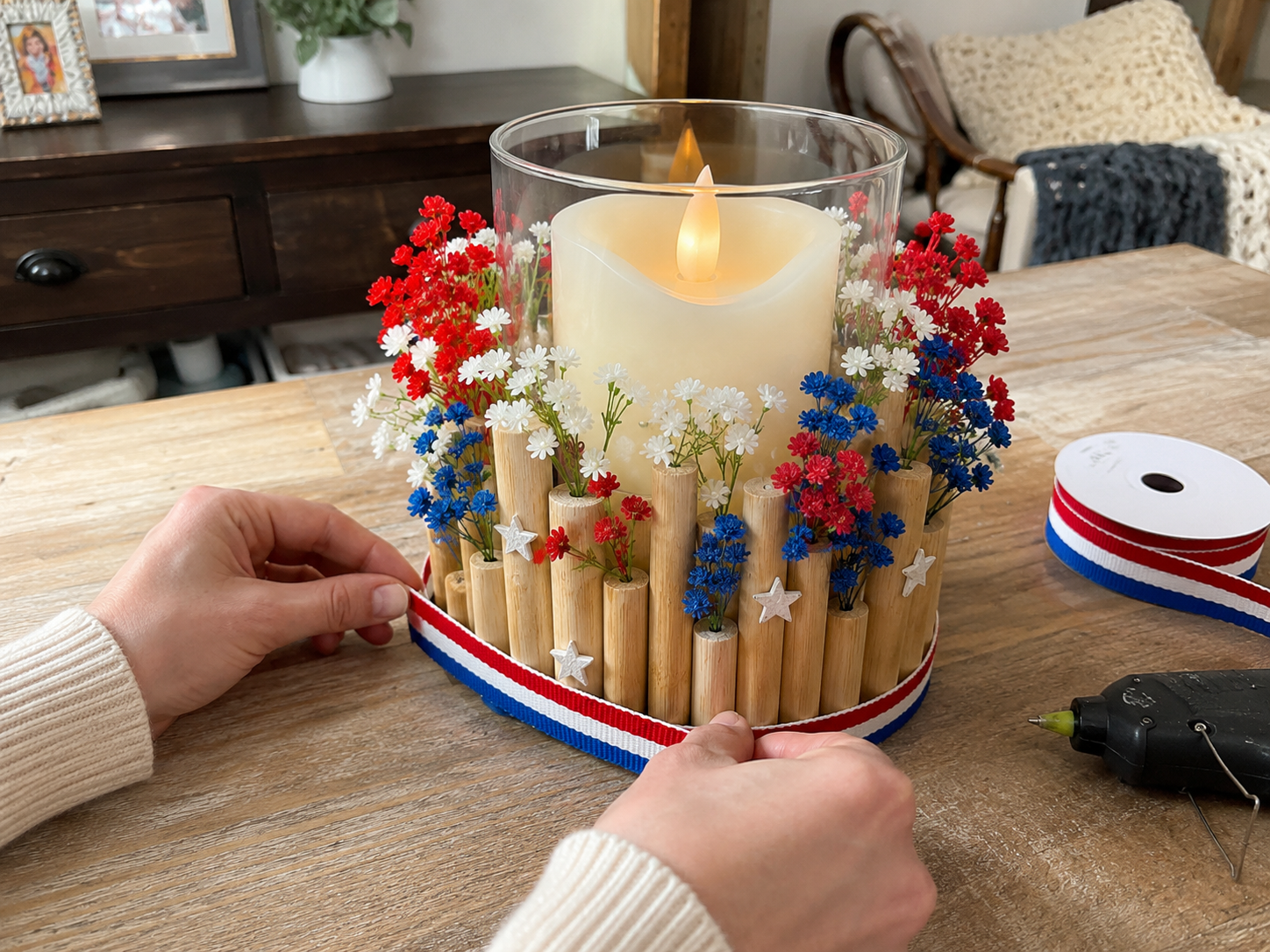How to wrap with patriotic ribbon - Staggered Glow: Dollar Tree Patriotic Candle Centerpiece DIY tutorial