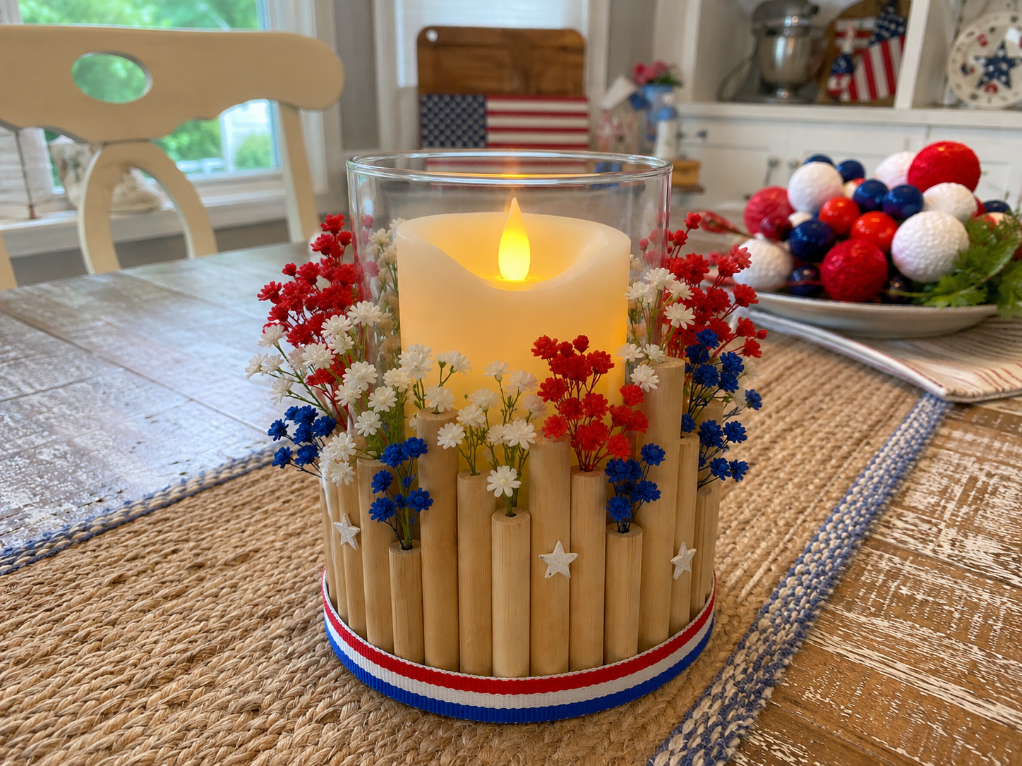 How to style your centerpiece - Staggered Glow: Dollar Tree Patriotic Candle Centerpiece DIY tutorial