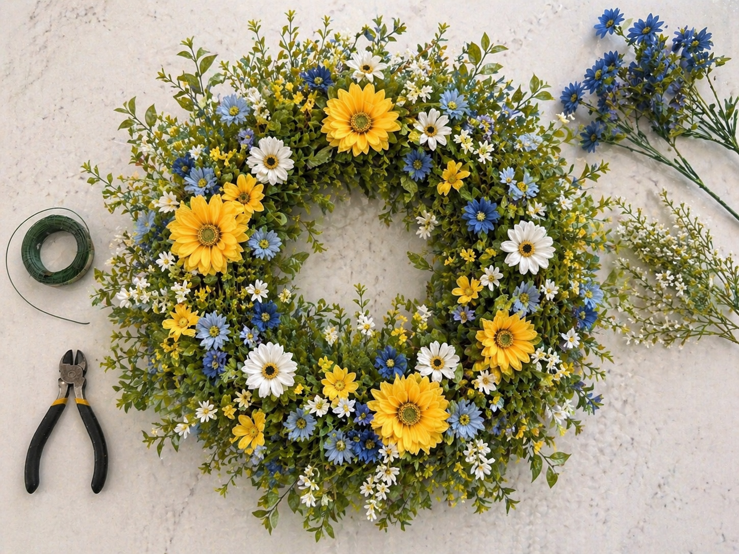 How to add blue & filler accents - Sunny Meadow Summer Wreath: A Budget-Friendly Floral Delight DIY tutorial