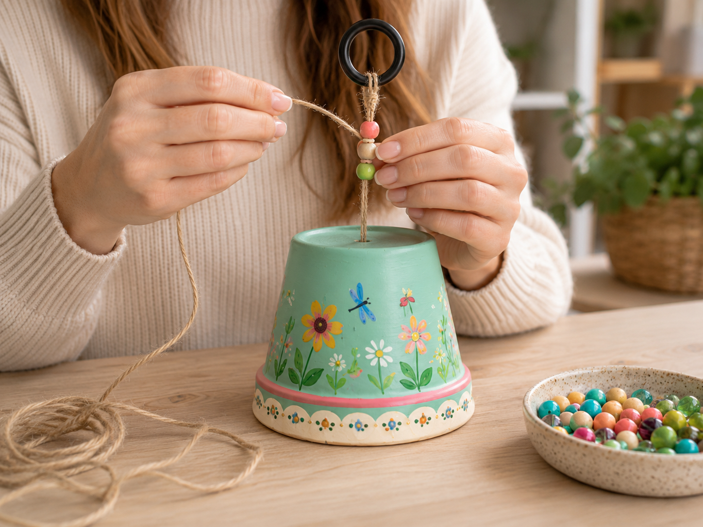How to prepare hanging mechanism - Whimsical Garden Terracotta Pot Wind Chime DIY tutorial