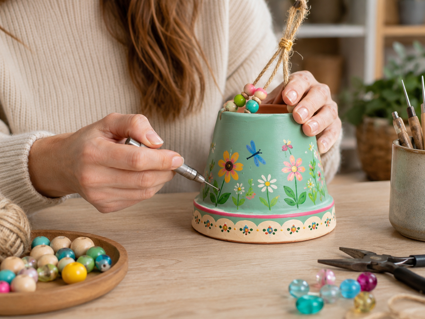 How to prepare dangle holes - Whimsical Garden Terracotta Pot Wind Chime DIY tutorial