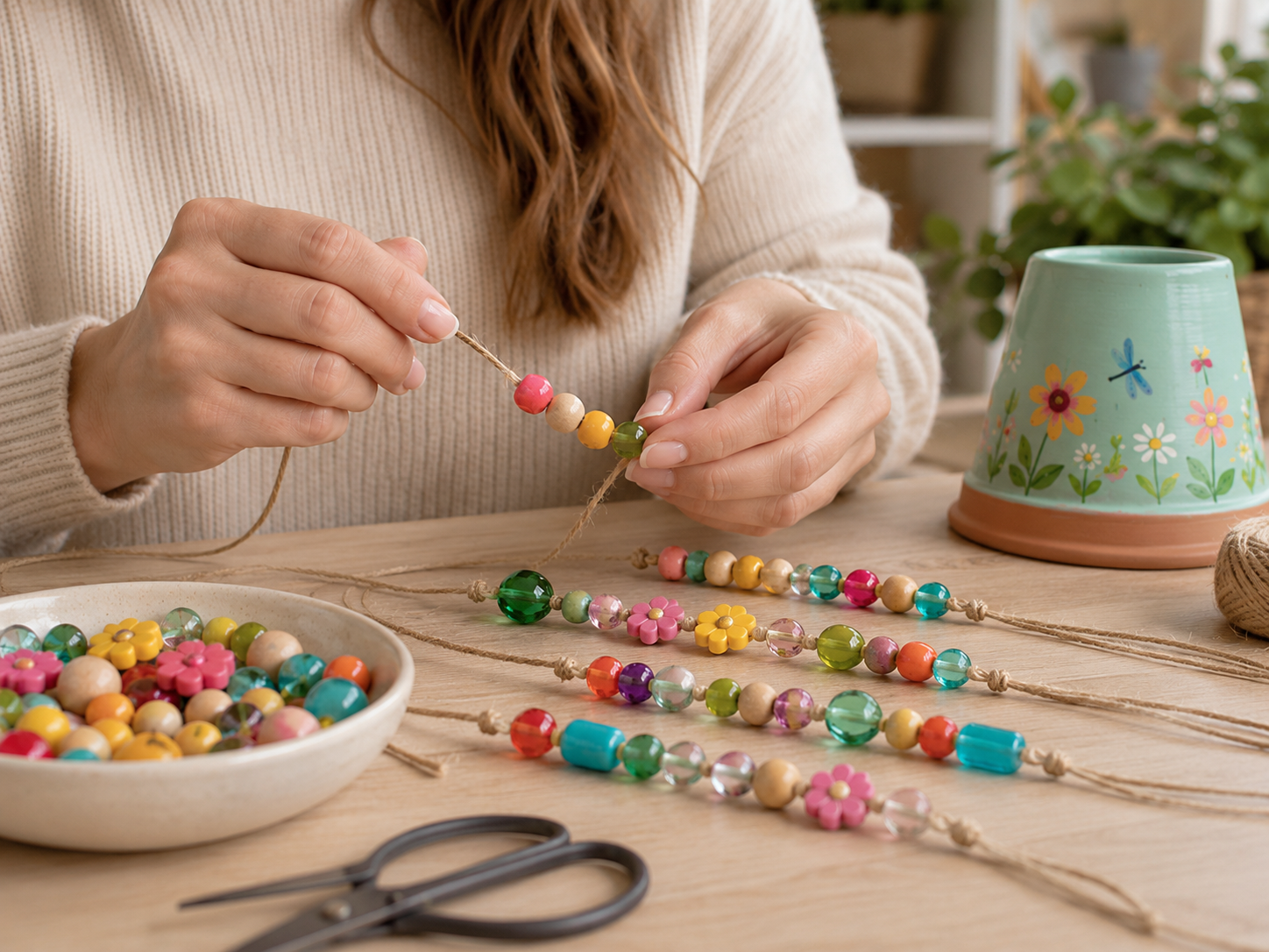 How to string beaded dangle strands - Whimsical Garden Terracotta Pot Wind Chime DIY tutorial