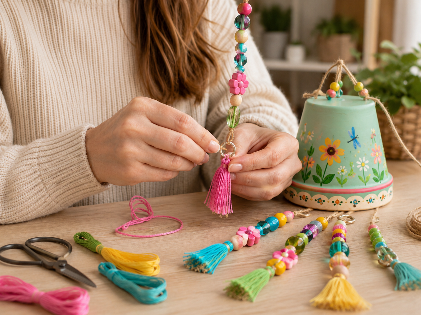 How to create & attach tassels - Whimsical Garden Terracotta Pot Wind Chime DIY tutorial