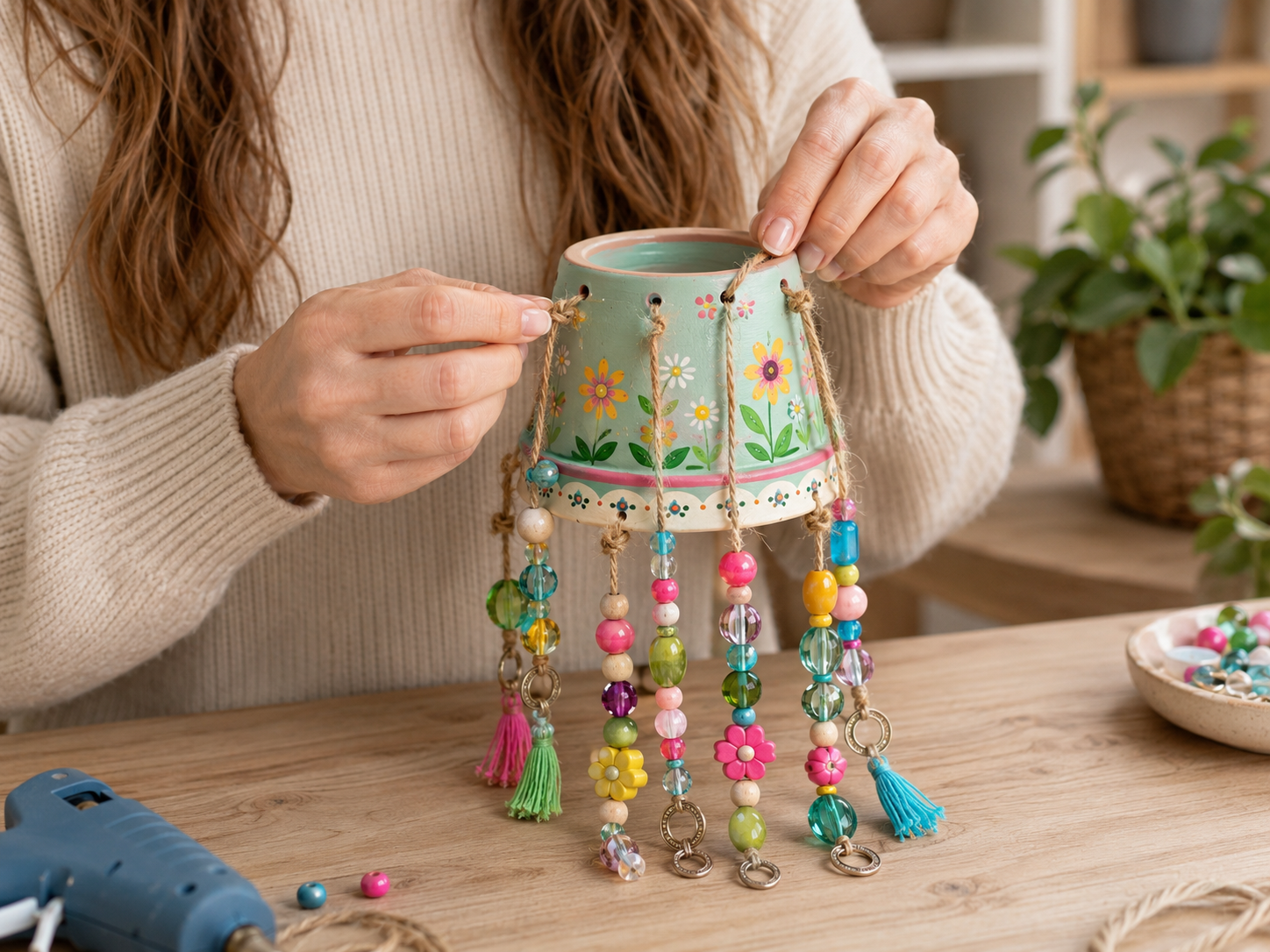 How to final assembly & secure - Whimsical Garden Terracotta Pot Wind Chime DIY tutorial