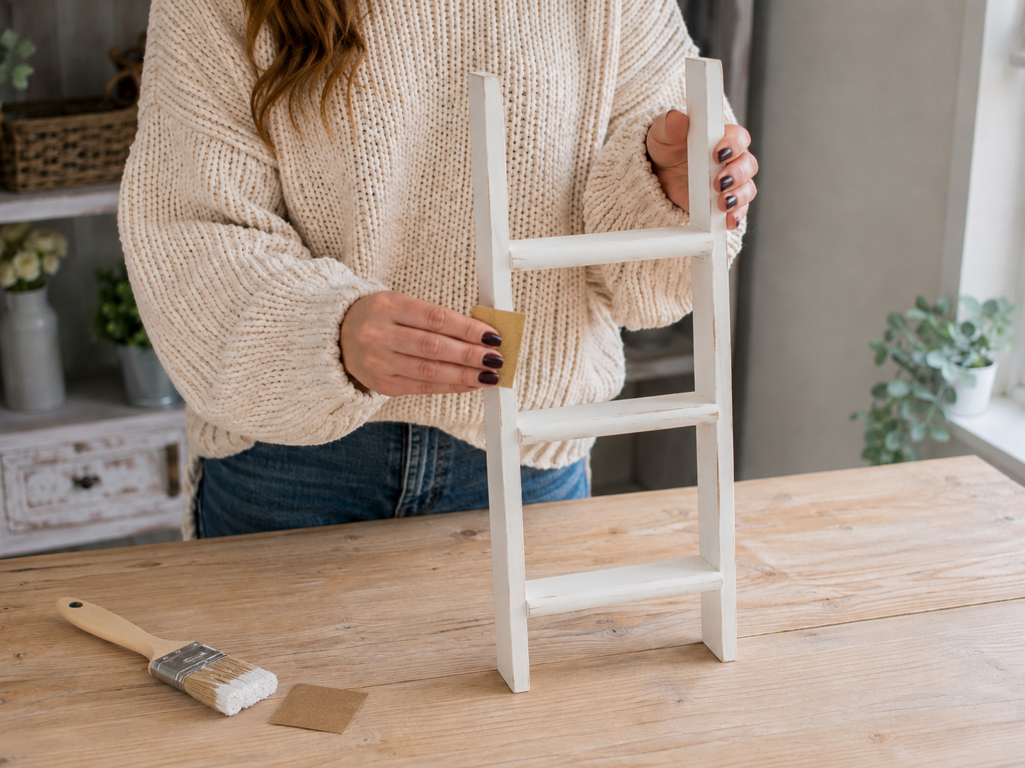 How to whitewash & distress ladder - Charming Dollar Tree Mini Ladder Favor Display DIY tutorial