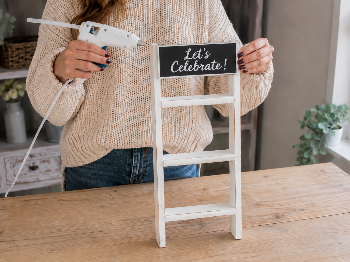 How to secure sign to ladder top - Charming Dollar Tree Mini Ladder Favor Display DIY tutorial