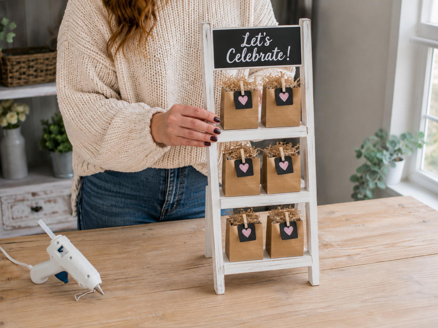 How to display favor bags - Charming Dollar Tree Mini Ladder Favor Display DIY tutorial