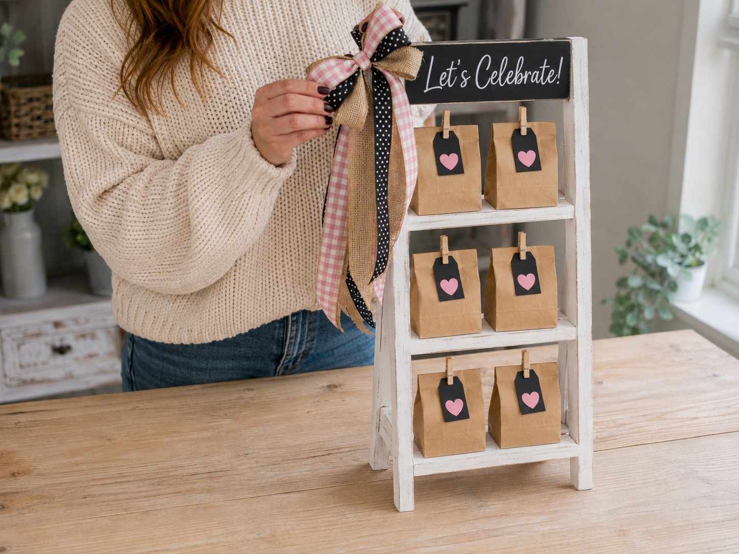 How to create ribbon bow - Charming Dollar Tree Mini Ladder Favor Display DIY tutorial