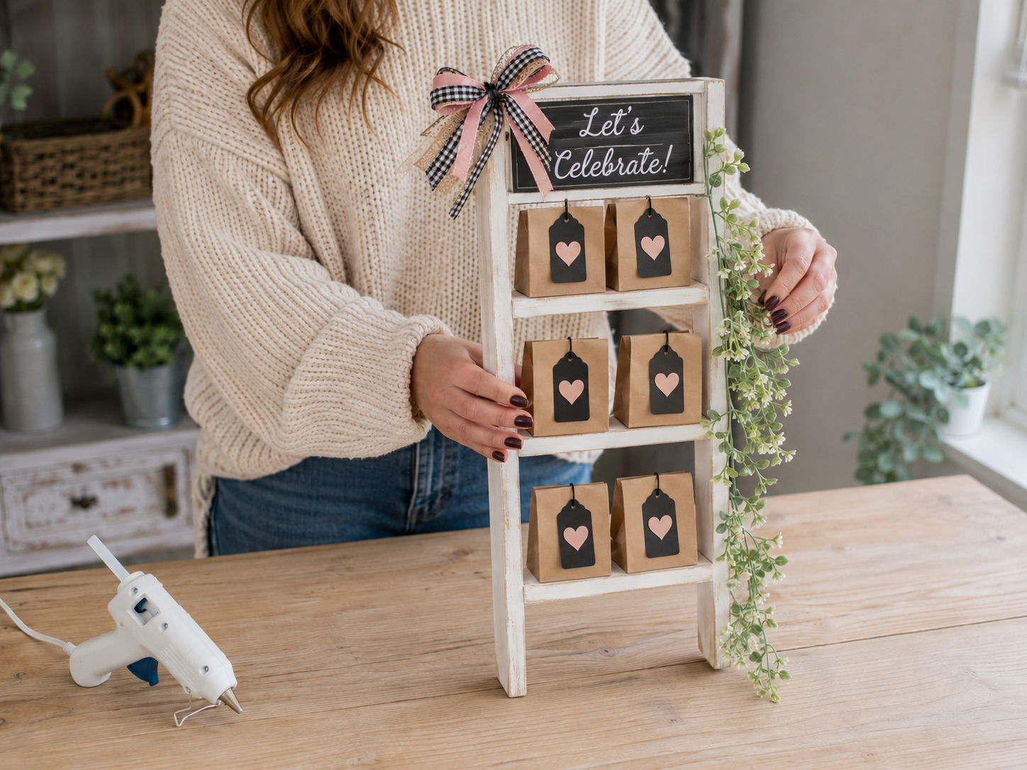 How to embellish with greenery - Charming Dollar Tree Mini Ladder Favor Display DIY tutorial