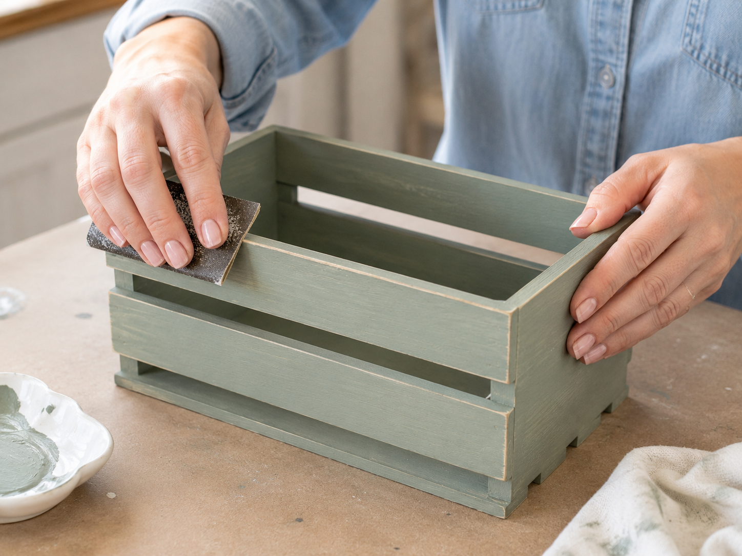 How to distress the crate edges - Charming Farmhouse Caddy: Cutting Board & Crate DIY DIY tutorial