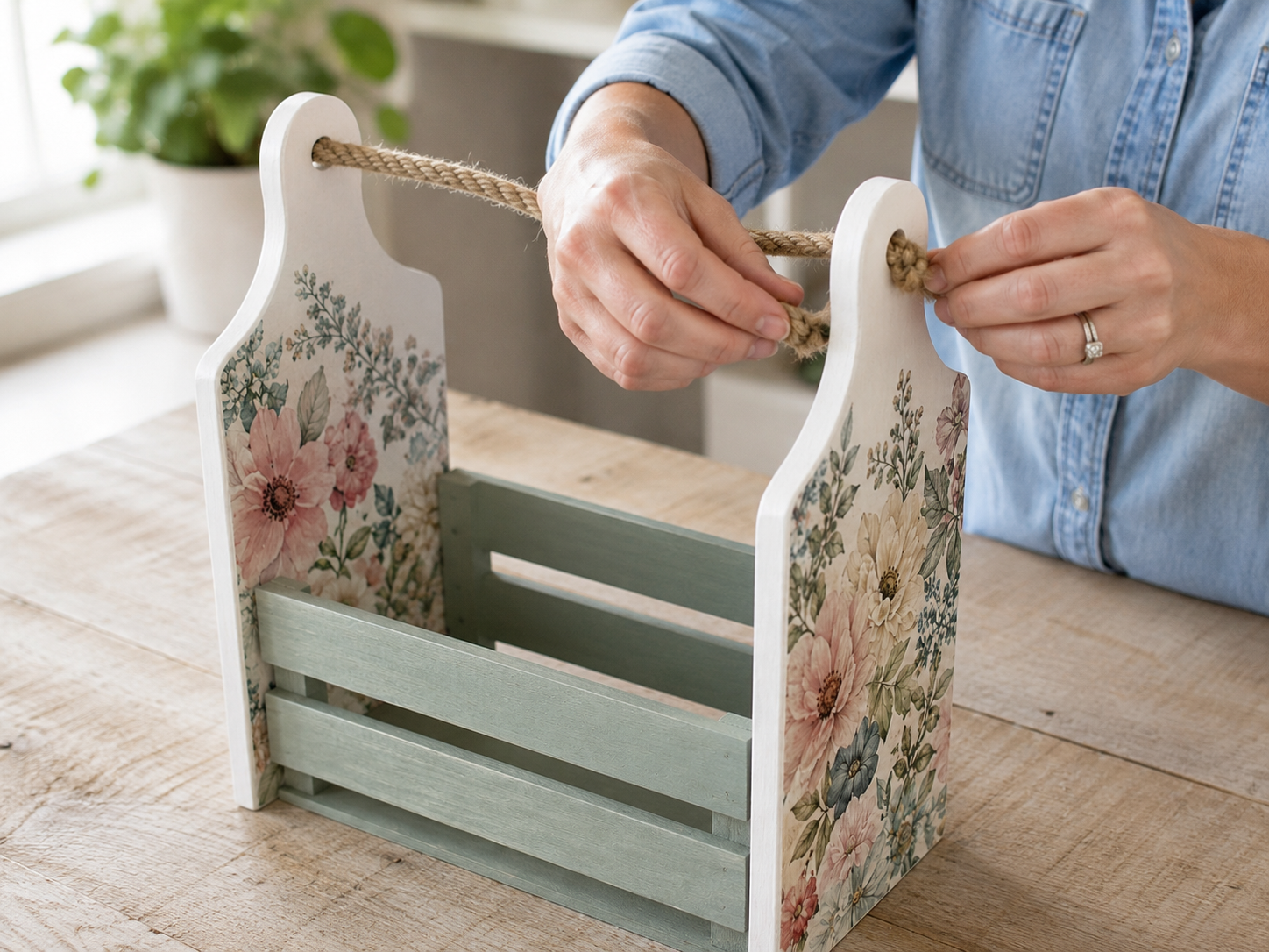 How to add the jute rope handle - Charming Farmhouse Caddy: Cutting Board & Crate DIY DIY tutorial