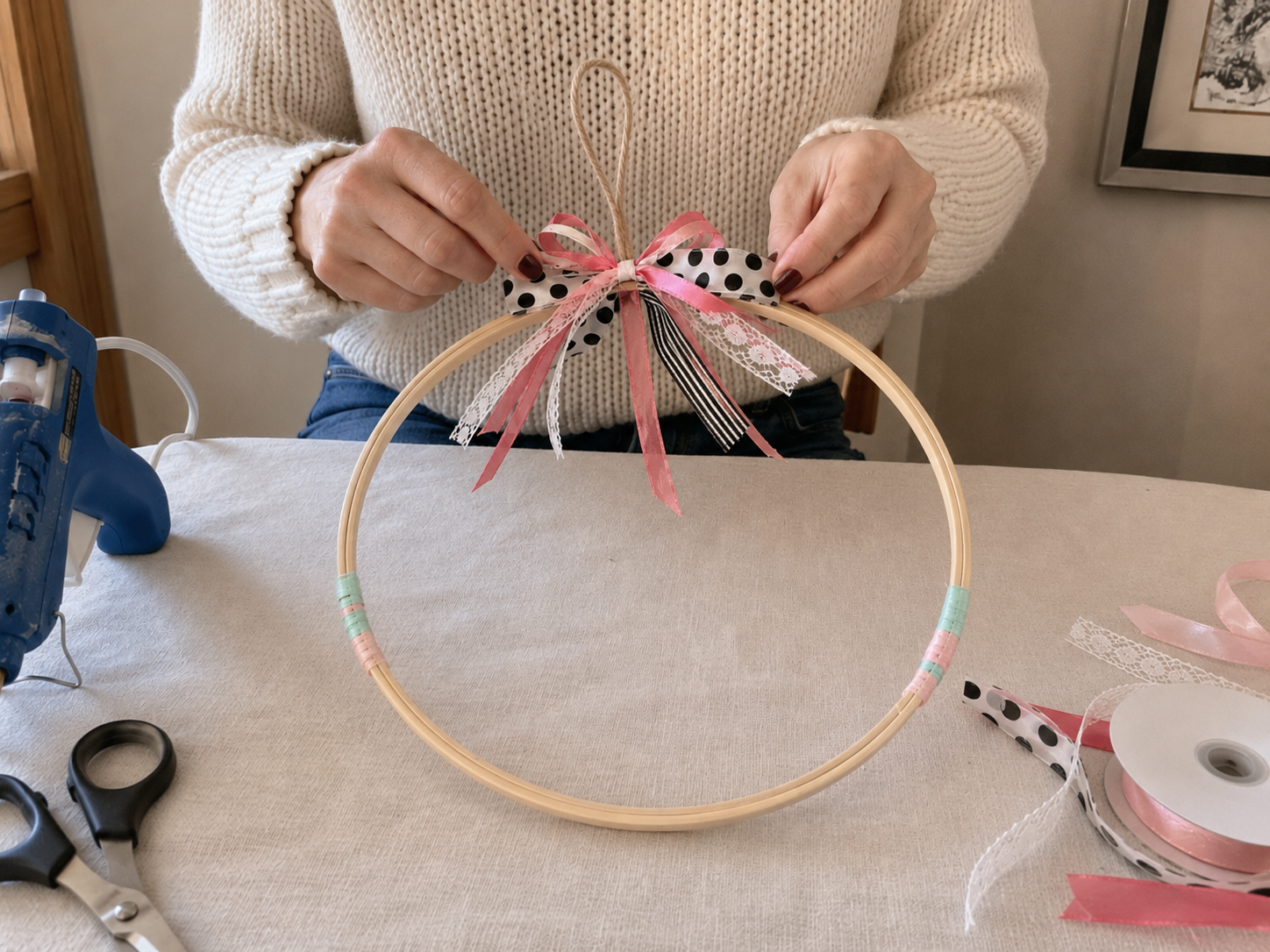 How to craft the top bow & hanger - Charming Tassel Hoop Celebration Sign DIY tutorial