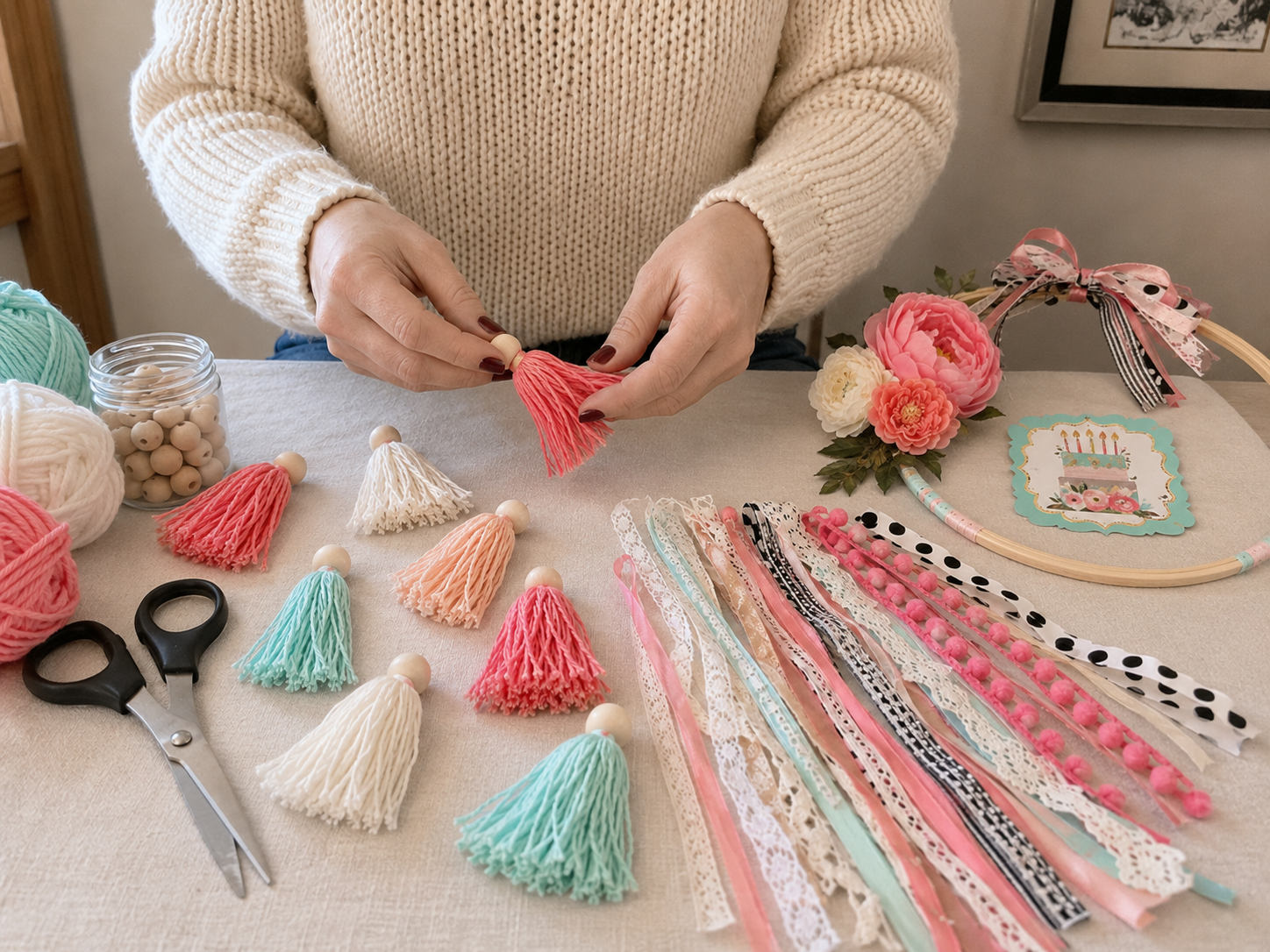 How to prepare tassels and fringe elements - Charming Tassel Hoop Celebration Sign DIY tutorial