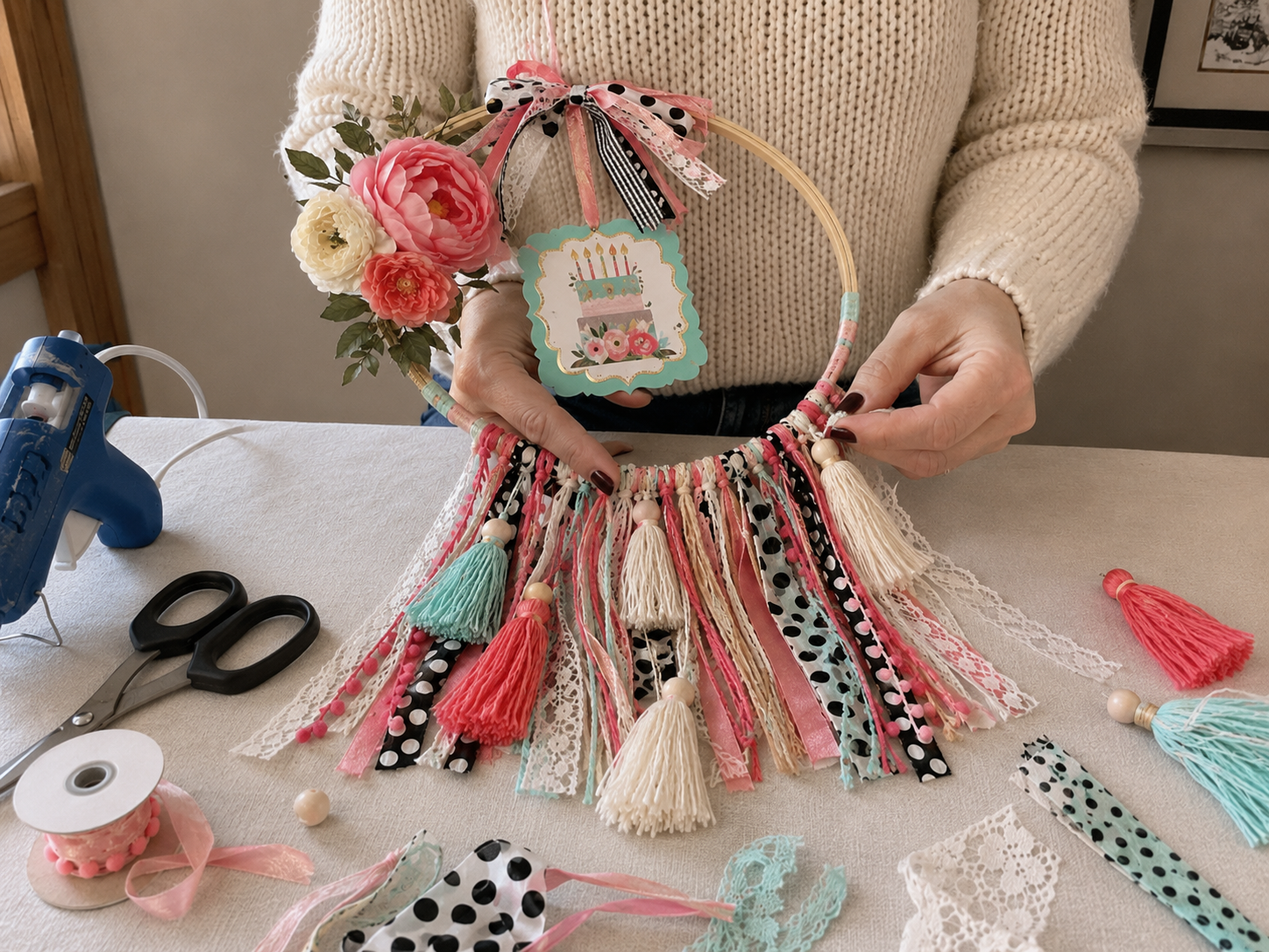 How to assemble the fringe - Charming Tassel Hoop Celebration Sign DIY tutorial