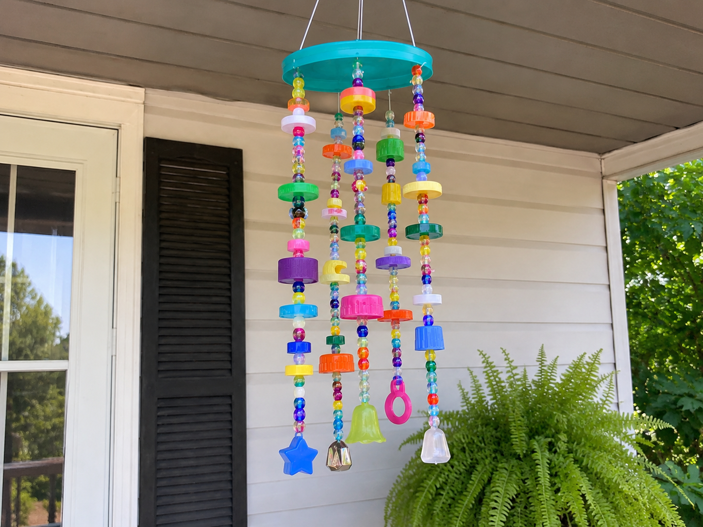 How to display your wind chime - Cheerful Upcycled Bottle Cap Wind Chime DIY tutorial