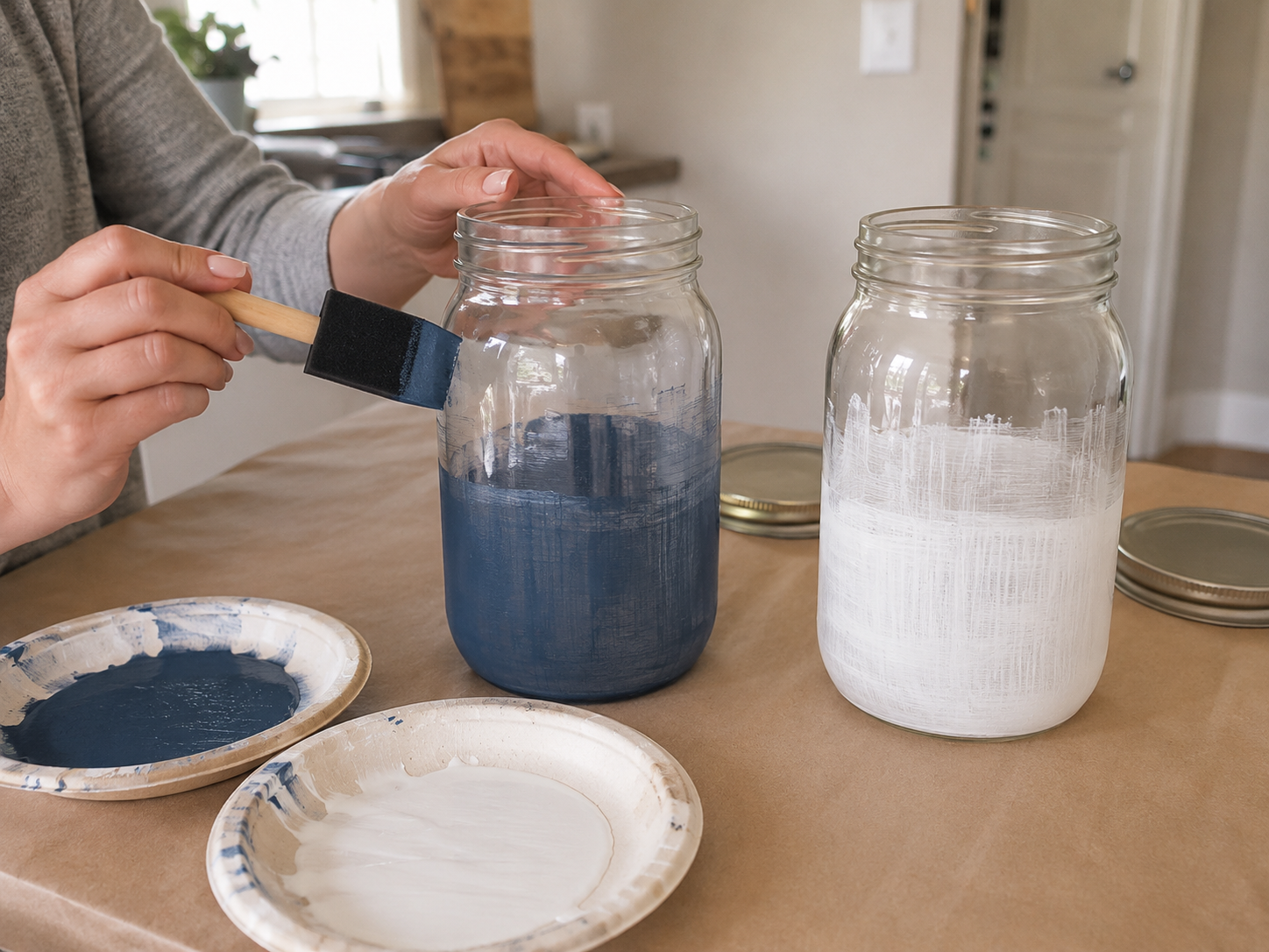 How to paint base coat - Cozy Farmhouse Mason Jar Tissue Holders DIY tutorial