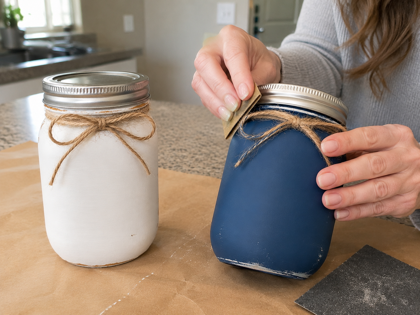 How to distress jars (optional) - Cozy Farmhouse Mason Jar Tissue Holders DIY tutorial