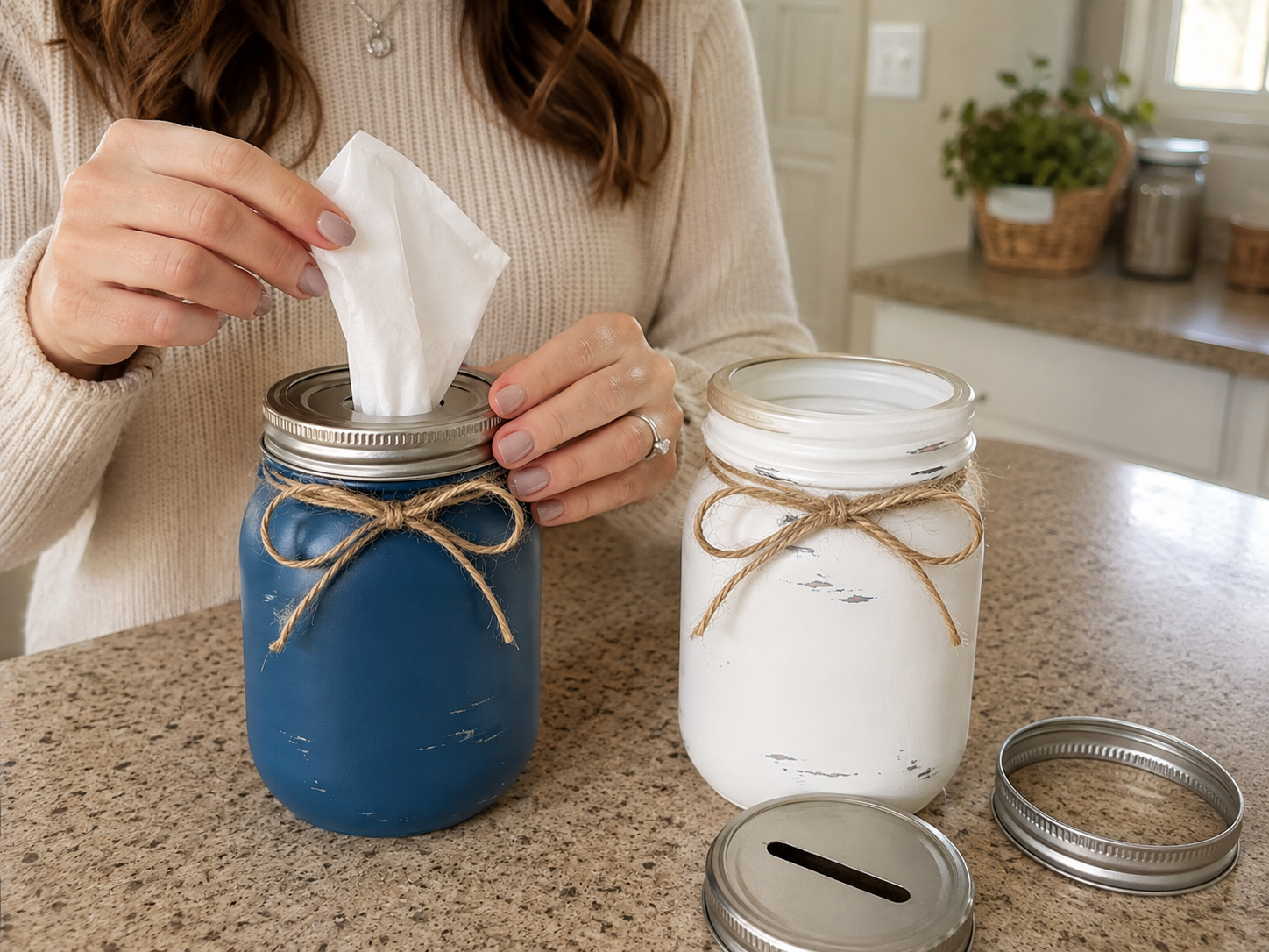 How to load tissues - Cozy Farmhouse Mason Jar Tissue Holders DIY tutorial