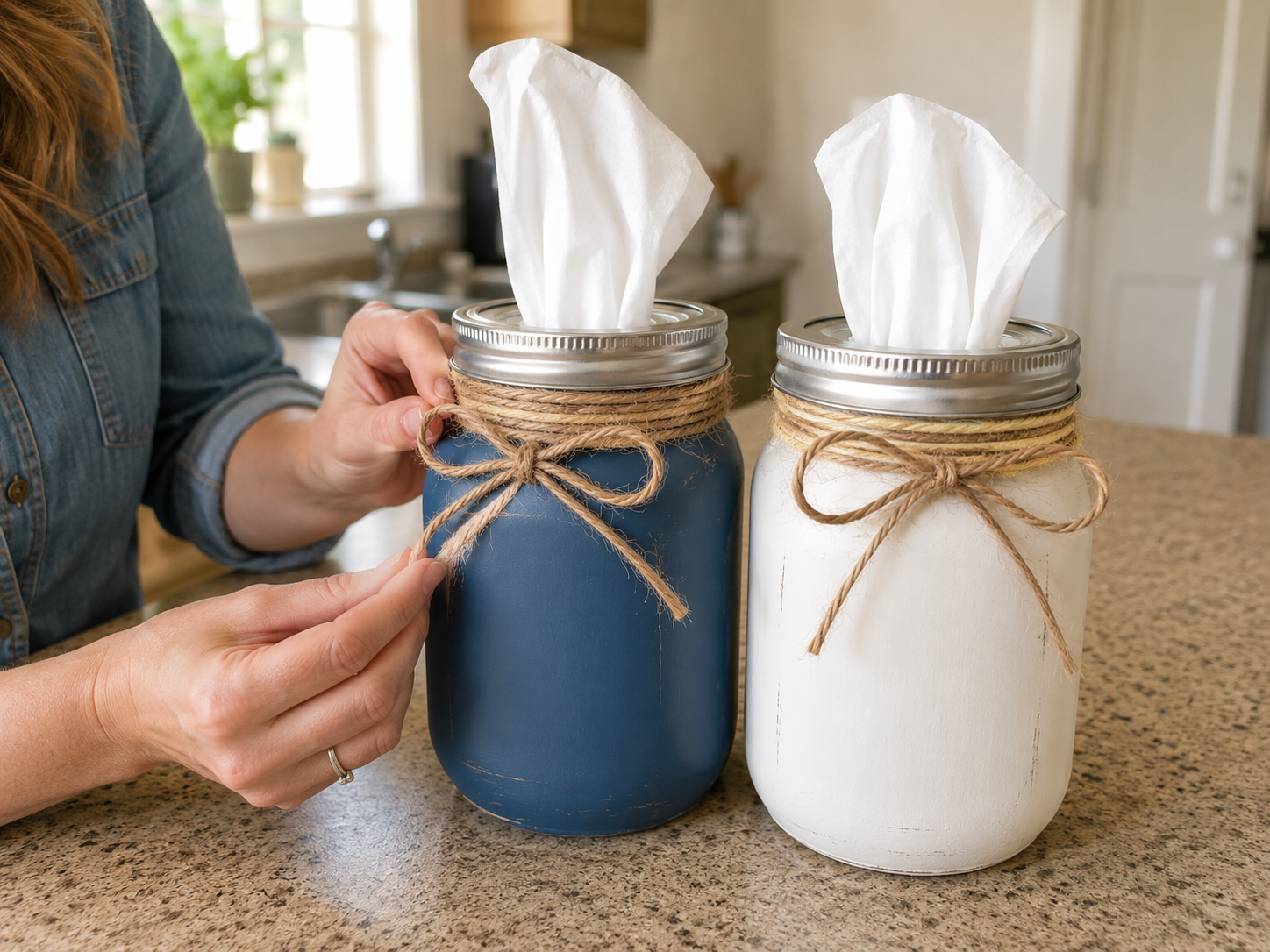 How to tie rustic bows - Cozy Farmhouse Mason Jar Tissue Holders DIY tutorial