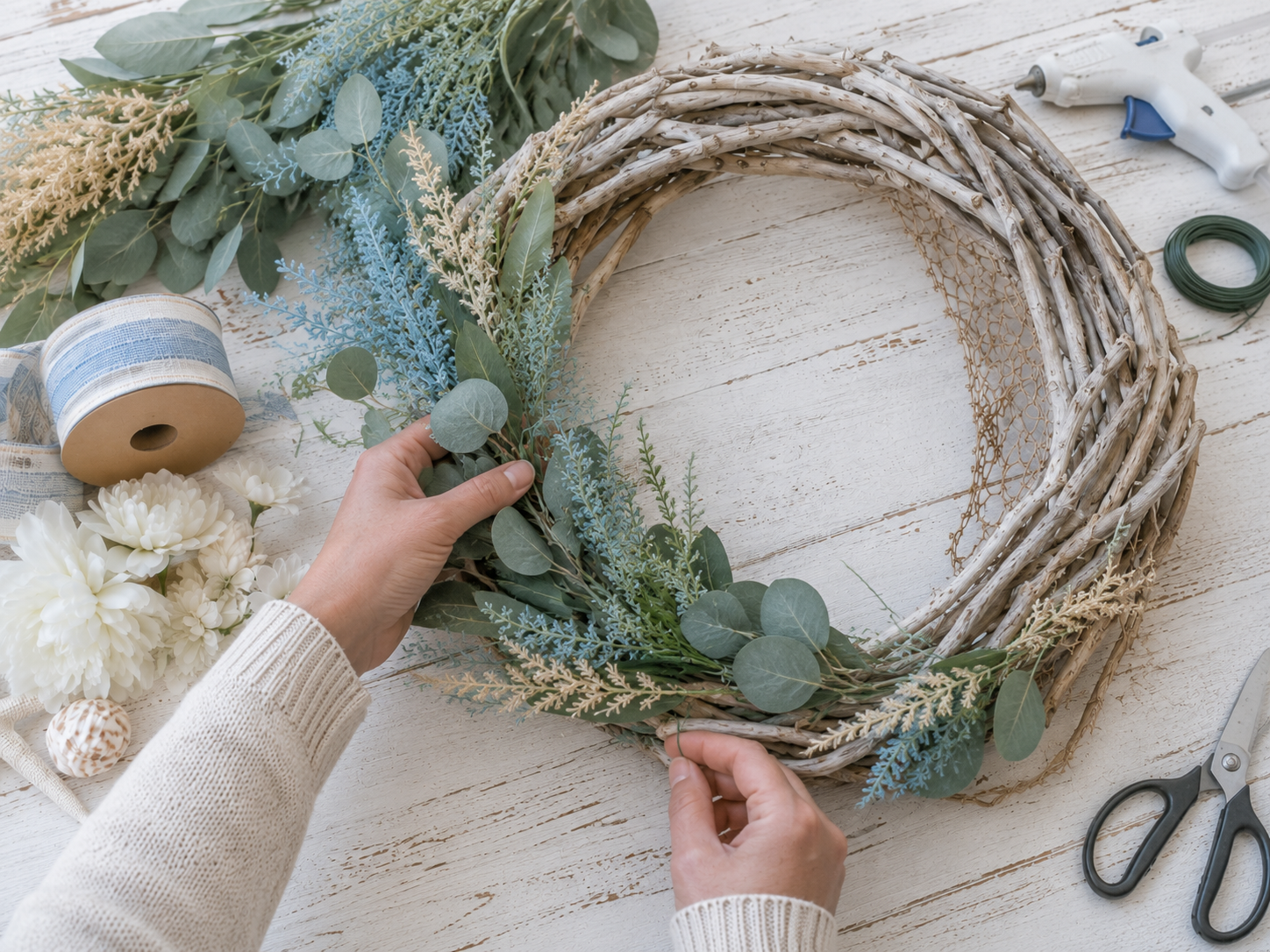 How to establish greenery foundation - Creative Coastal Driftwood Wreath DIY tutorial