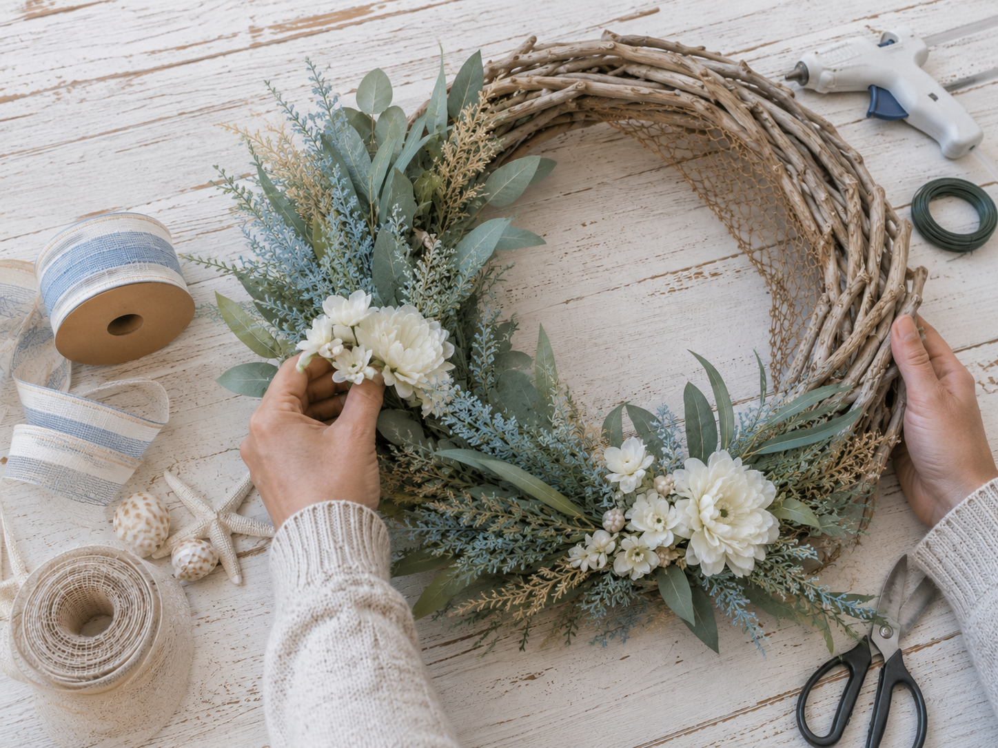 How to add coastal white flowers - Creative Coastal Driftwood Wreath DIY tutorial