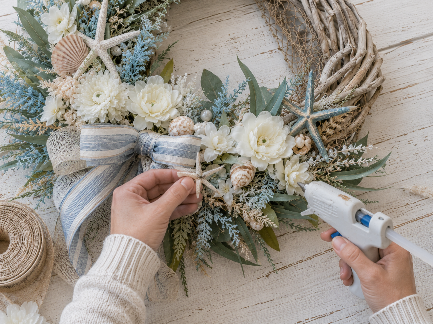 How to incorporate seashells & accents - Creative Coastal Driftwood Wreath DIY tutorial