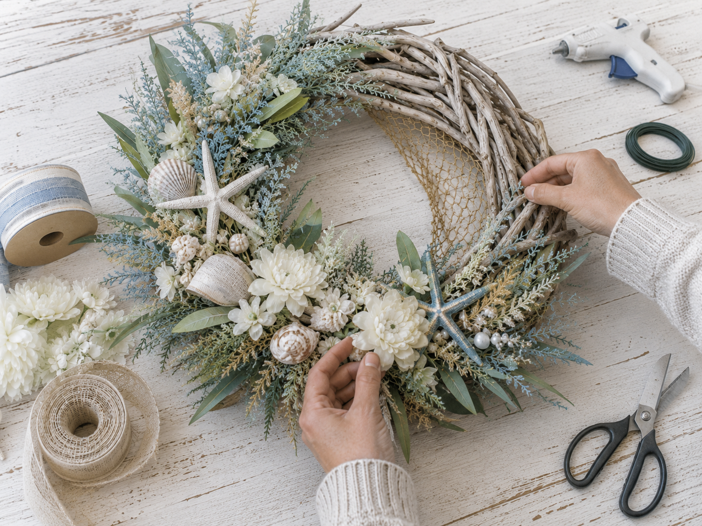 How to add decorative fishing net - Creative Coastal Driftwood Wreath DIY tutorial