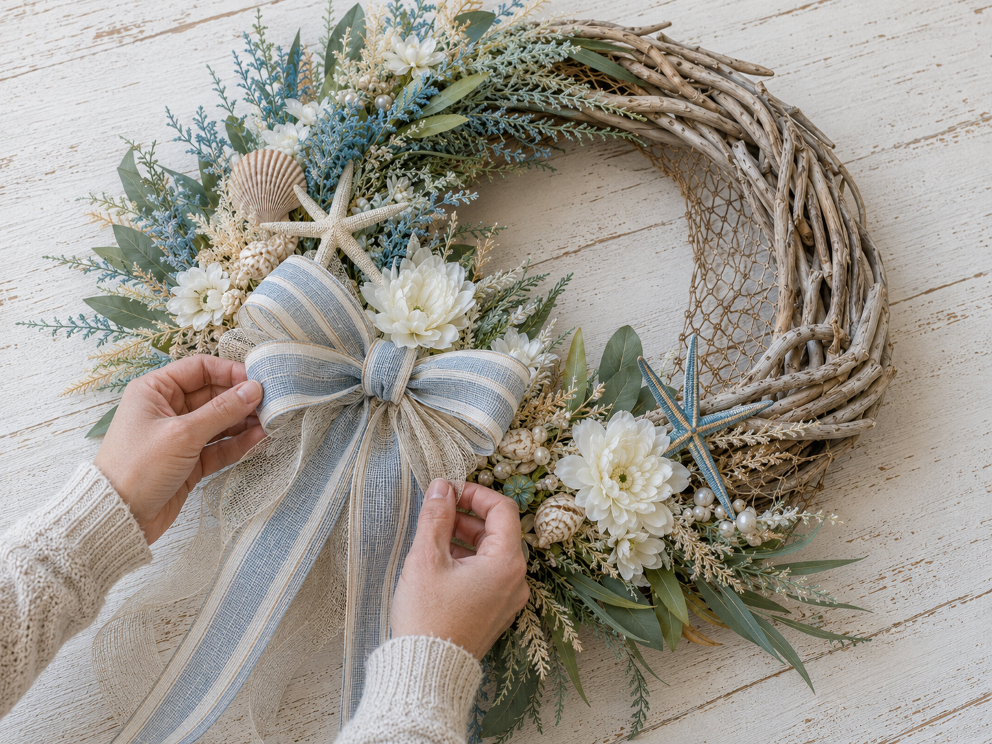 How to craft & attach layered bow - Creative Coastal Driftwood Wreath DIY tutorial