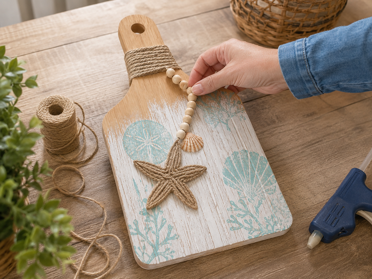 How to attach embellishments - DIY Coastal Farmhouse Cutting Board Decor DIY tutorial