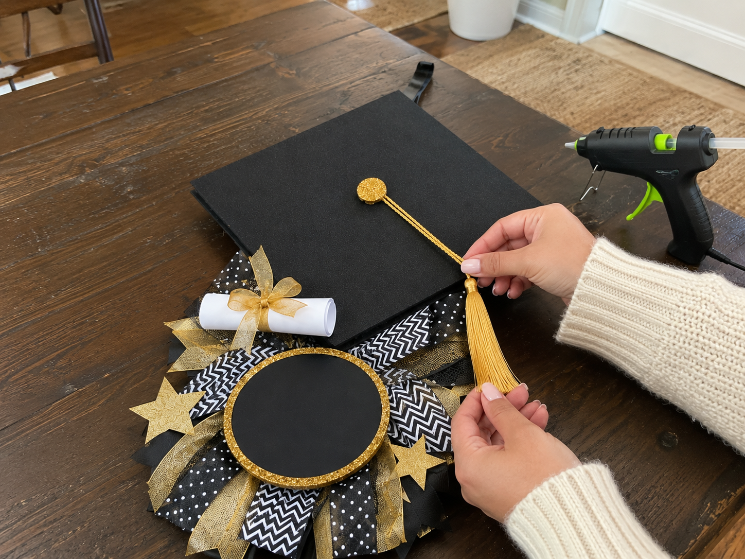 How to make & attach tassel - DIY Dollar Tree Graduation Cap Door Hanger DIY tutorial