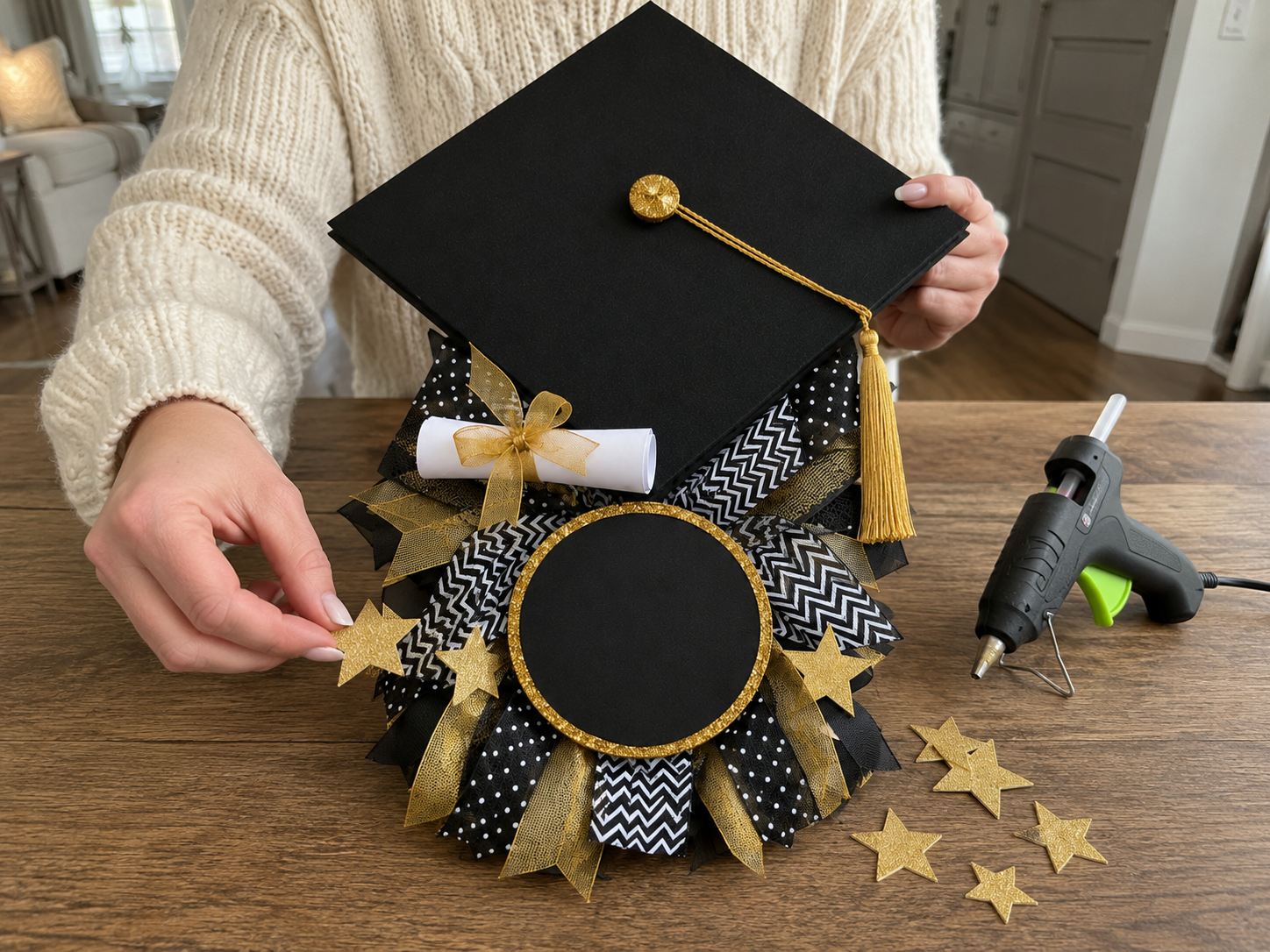 How to embellish with stars - DIY Dollar Tree Graduation Cap Door Hanger DIY tutorial
